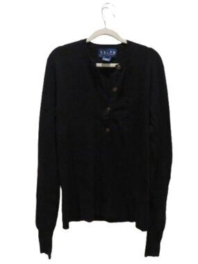 VINTAGE RALPH BY RALPH LAUREN Wool Blend Ribbed Henley Top in Black 90s Preppy